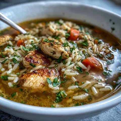 Soupe au poulet et riz saine, mijotée dans une seule casserole, garnie de persil frais et de légumes croquants pour un repas nourrissant.