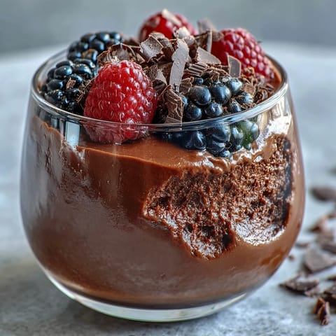 Un riche mousse au chocolat crémeux avec du fromage cottage pour une touche riche en protéines—parfait pour un dessert sain ou une collation post-entraînement.