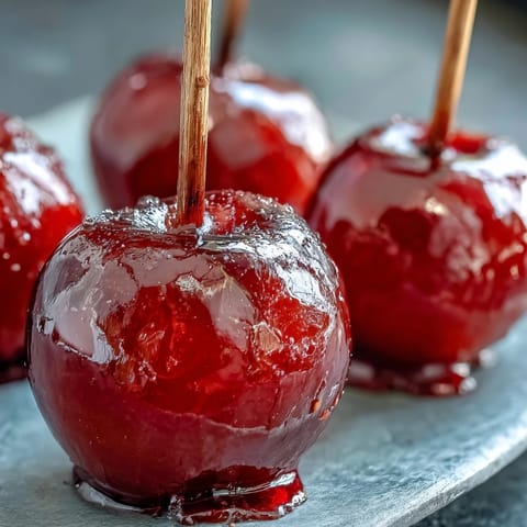Mini pommes d'amour sur bâtonnets, croquantes et brillantes, prêtes à régaler lors d'une fête d'enfants.