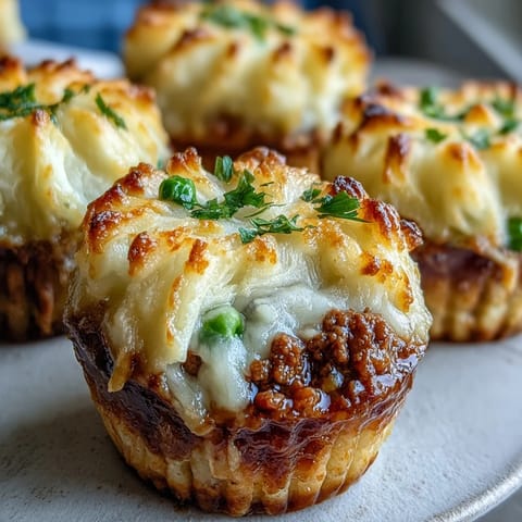 Pâtés chinois miniatures confortables cuits dans des moules à muffins, parfaits pour un repas réconfortant en portions individuelles.