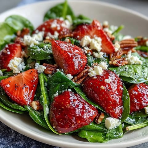 Salade fraîche aux épinards et fraises avec vinaigrette aux graines de pavot, présentée dans un bol blanc avec des ingrédients colorés et croquants.  