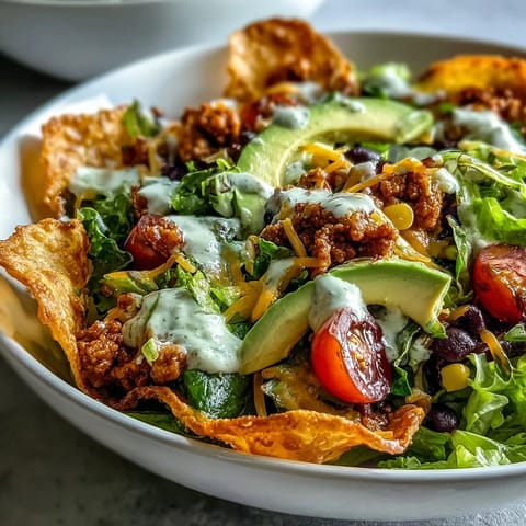 Bol de salade taco sain et facile avec sauce ranch au yaourt grec, garni de dinde hachée, de légumes croquants et d'avocat, servi dans un bol tortilla croustillant.