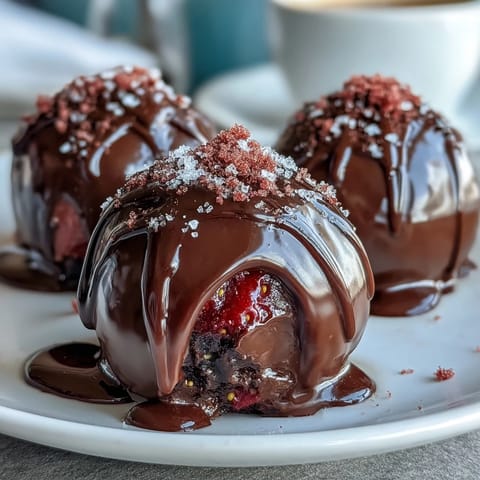 1. Rich chocolate truffles filled with fresh strawberry purée, coated in dark chocolate and dusted with edible gold for a luxurious Dubai-inspired dessert.  