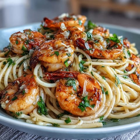 Pâtes au citron et à l'ail avec crevettes, plat printanier coloré et frais.  