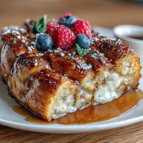 Un casserole de petit-déjeuner somptueux avec des croissants feuilletés trempés dans une crème onctueuse et cuits avec un mélange de baies fraîches.