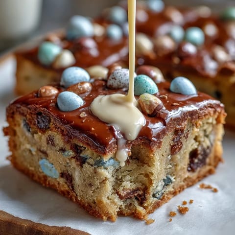 Blondies aux œufs Cadbury hachés, moelleux et dorés, surmontés d'un nappage de chocolat blanc crémeux.
