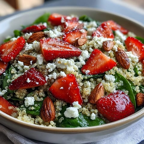 Salade de quinoa aux fraises et feta avec vinaigrette balsamique, un plat printanier coloré et équilibré.