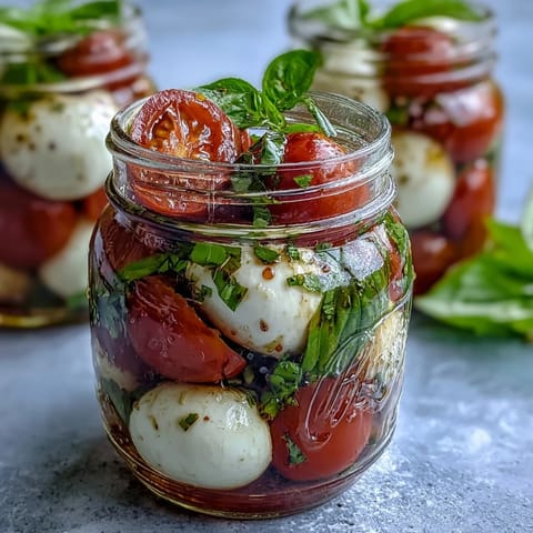 Salade Caprese en pot Mason avec tomates cerises et mozzarella fraîche, parfaite pour les pique-niques et les repas à emporter.  