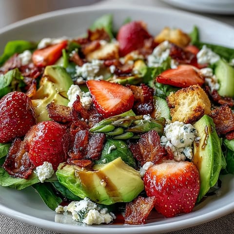 Assiette printanière colorée avec fraises, avocat, légumes croquants et feta, arrosée d'une vinaigrette balsamique légère.  