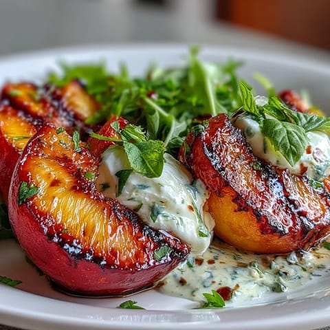 Salade de pêches grillées et burrata avec roquette et réduction balsamique.