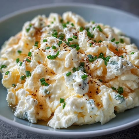 Œufs brouillés crémeux au cottage cheese, parsemés de ciboulette fraîche.