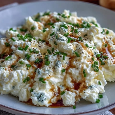 Gros plan sur des jaunes d'œufs brillants et du cottage cheese mélangés dans des œufs brouillés.