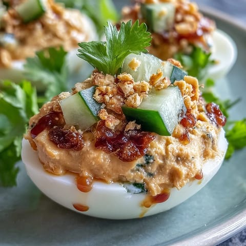 Thai Peanut Deviled Eggs, creamy, zesty, topped with crunchy relish.