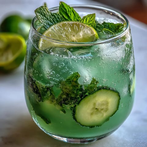 Rafraîchissante eau fraîche verte concombre menthe pleine de menthe fraîche et de citron vert.