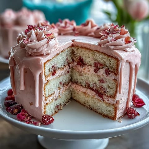 Un gâteau velours rose infusé au rosé, décoré d'une coulée dorée scintillante.  