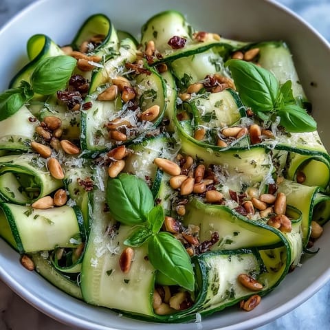 Salade de rubans de courgettes râpées au citron et parmesan, fraîche et colorée.
