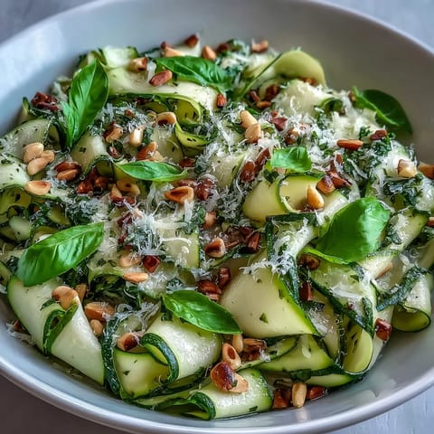 Délicieuse salade de courgettes râpées, citronnée et parsemée de copeaux de parmesan.