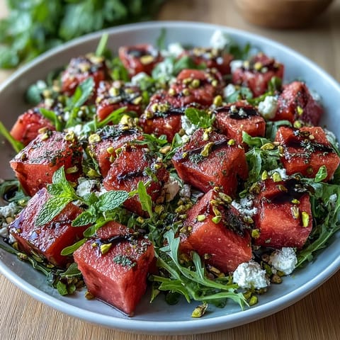 Salade d'Watermelon Feta Arugula with Balsamic Reduction, fraîche avec melon juteux et fromage crémeux.