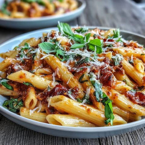 Généreuse portion de Pasta Crémeuse Tomate Basilic, nappée de sauce riche.