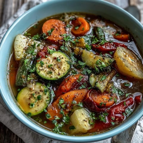 Une photo d'une Simple Provencal Vegetable Soup, colorée et fumante, pleine de légumes frais.