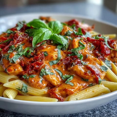 Poulet crémeux aux tomates et basilic, plat de pâtes réconfortant.