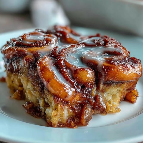 Peach Cobbler Cinnamon Roll Casserole : des pêches juteuses se marient à des roulés tendres.