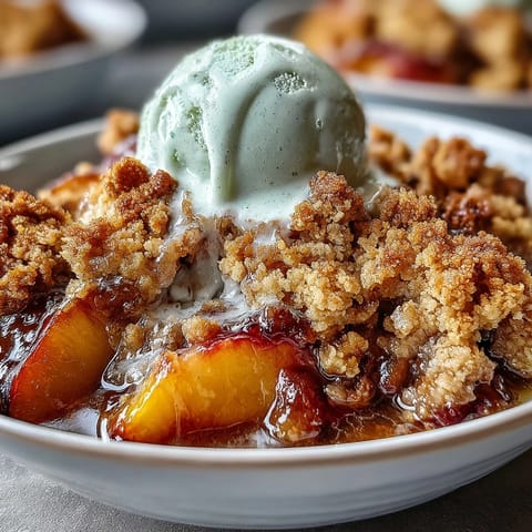 Matcha Peach Cobbler, croûte biscuitée moelleuse aux pêches juteuses, servi chaud.