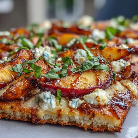 Flatbread au poulet et miel épicé, aux pêches grillées et fromage fondant.