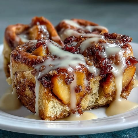 Délicieux Peach Cobbler Cinnamon Roll Bake, des roulés à la cannelle et pêches dorés et moelleux au four.