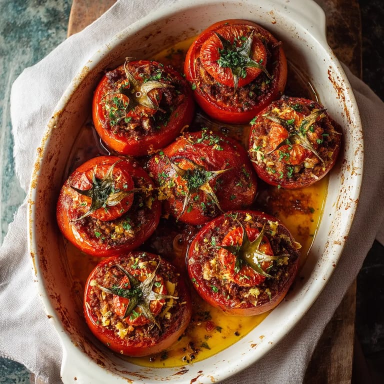 Un plat contenant des tomates farcies et des herbes.