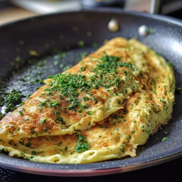 Une omelette aux fines herbes est servie dans un bol en métal.