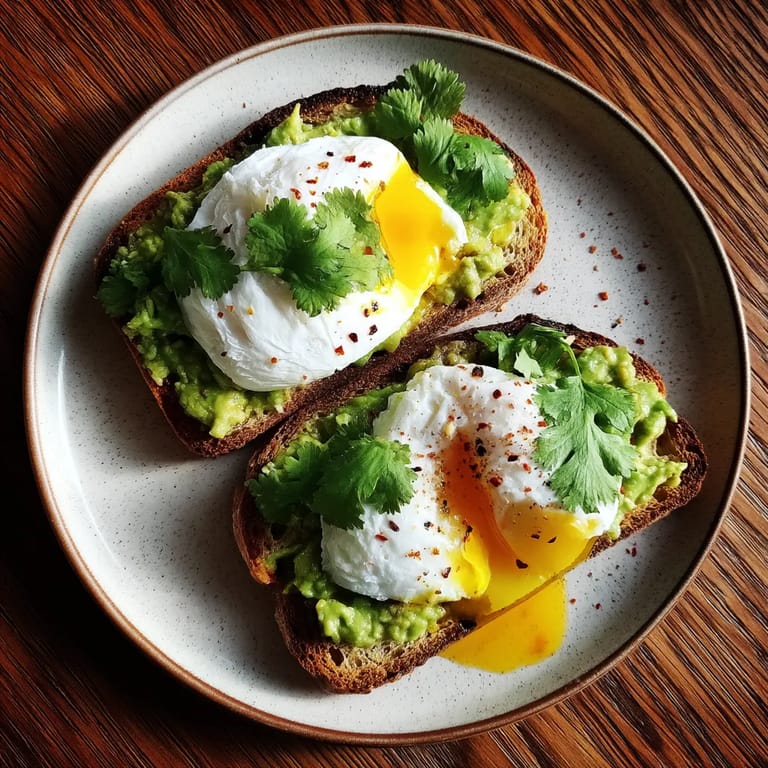 Une assiette contenant deux tranches de pain grillé avec des œufs brouillés et des herbes vertes.
