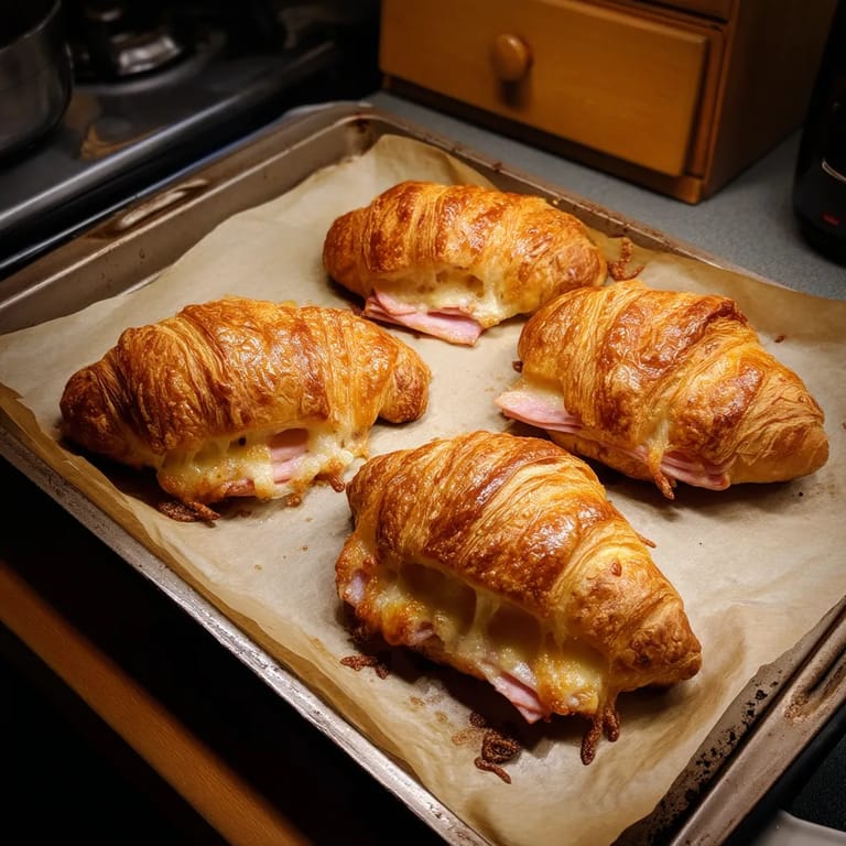 Quatre croissants sur une plaque de métal.