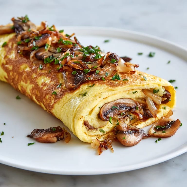 Une omelette avec des champignons et des herbes sur un plateau.