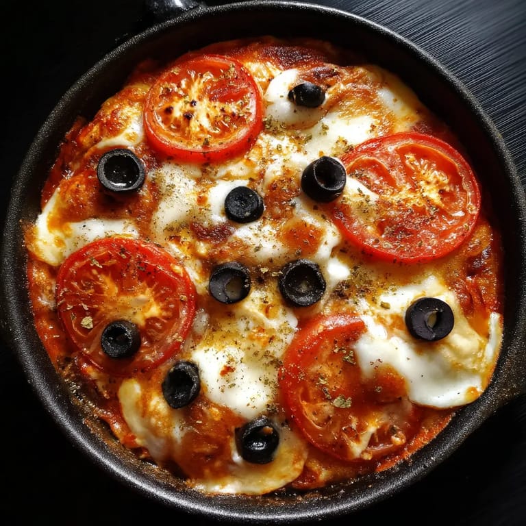 Une pizza maison avec des tomates, des oignons, des olives et du fromage.