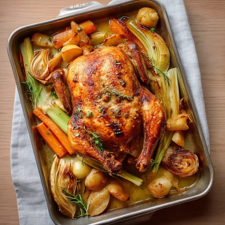 Une casserole contenant un poulet et des légumes.