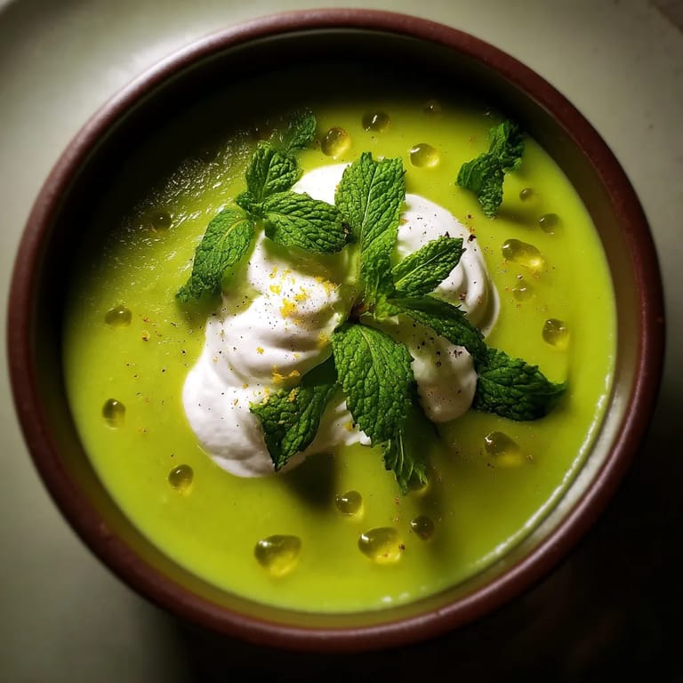 Une assiette contenant une soupe verte avec des herbes et des croutons.