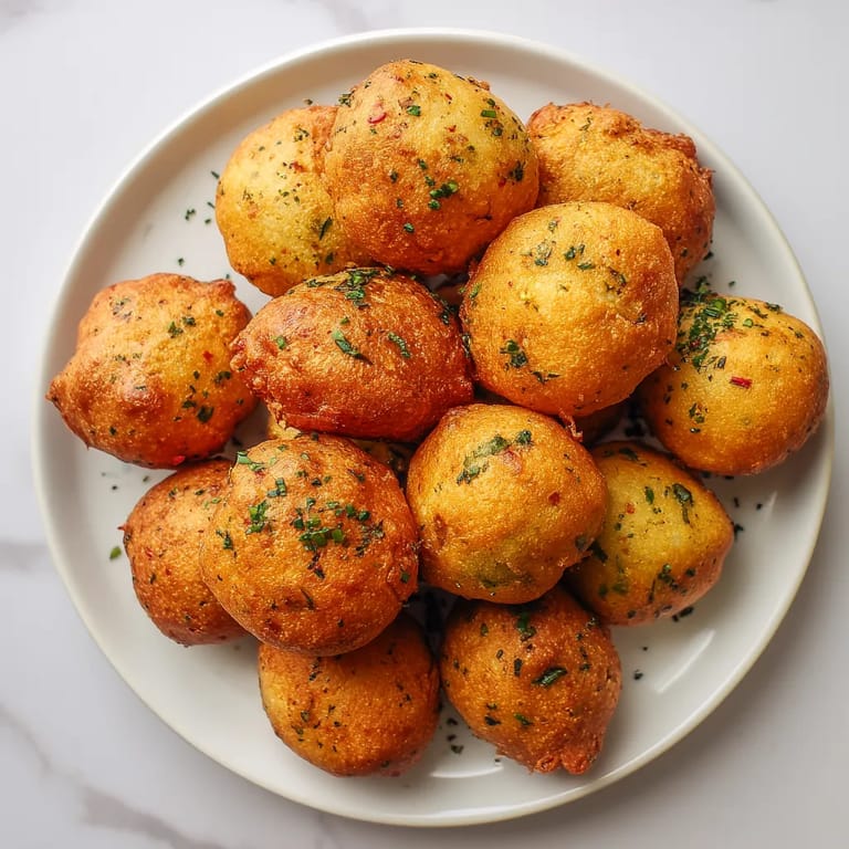 Une plaque de porcelaine contenant des gâteaux de pommes de terre avec des herbes vertes sur le dessus.