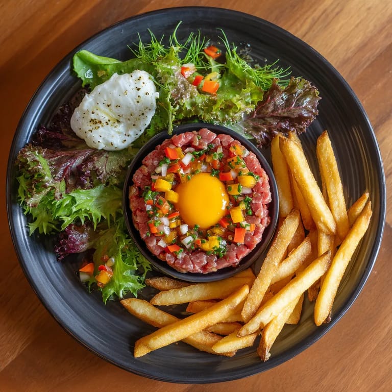 Une assiette de salade avec des frites et un oeuf.