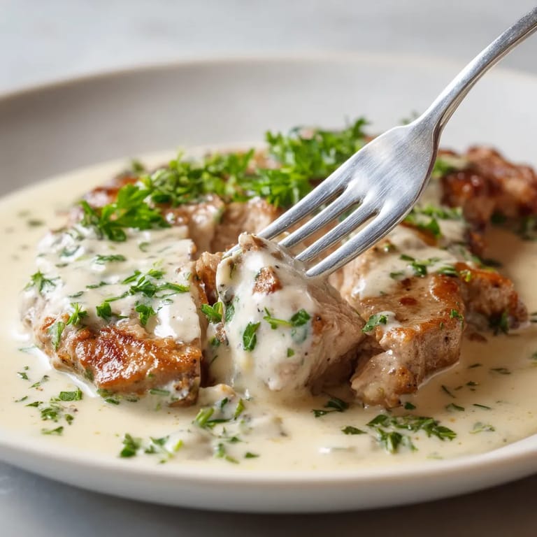 Une assiette de viande avec des herbes et une fourchette.