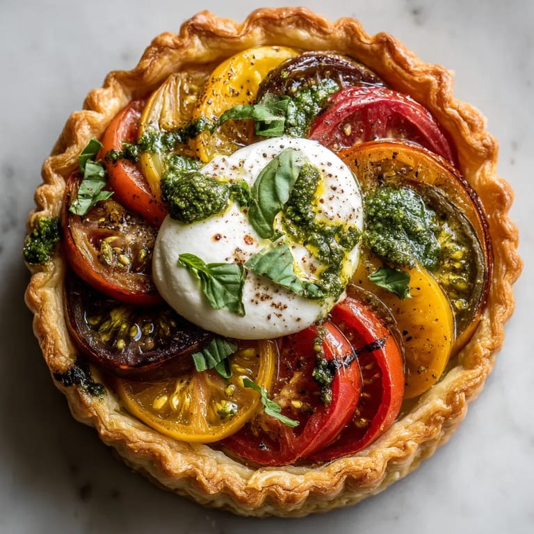 Une tarte fine aux tomates anciennes, burrata et pesto de basilic.