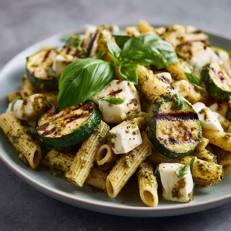 Une assiette de penne avec des légumes verts et des herbes.
