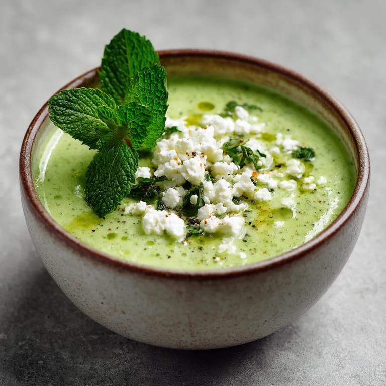 Un bol contenant une soupe verte avec des herbes et du fromage blanc.