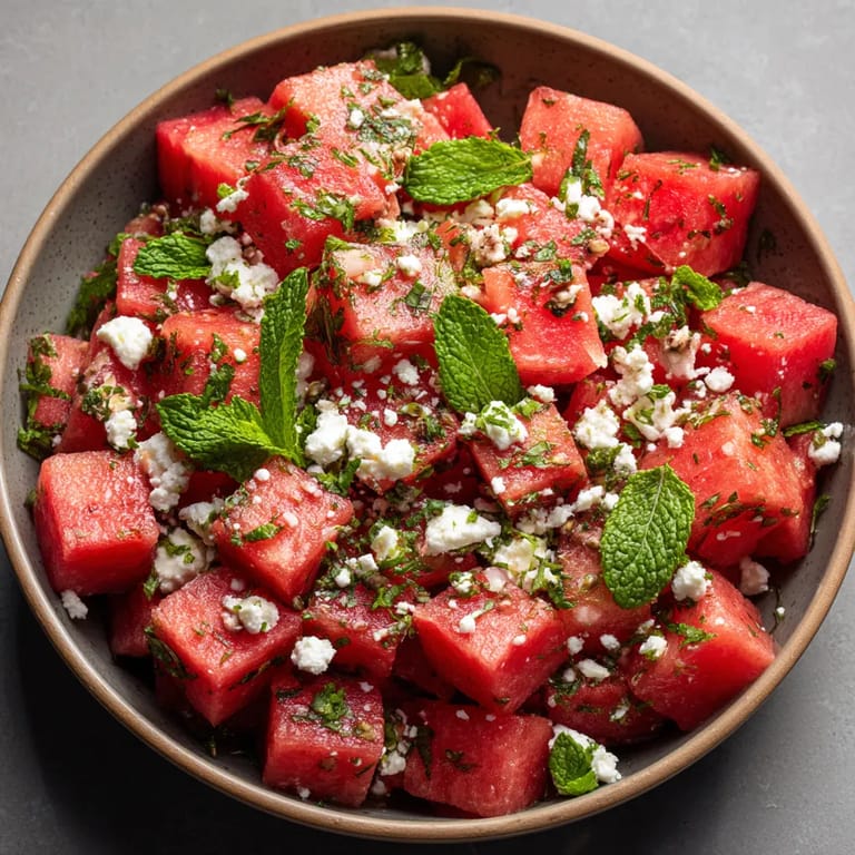 Une assiette contenant des tranches de melon avec de la menthe et du fromage blanc.