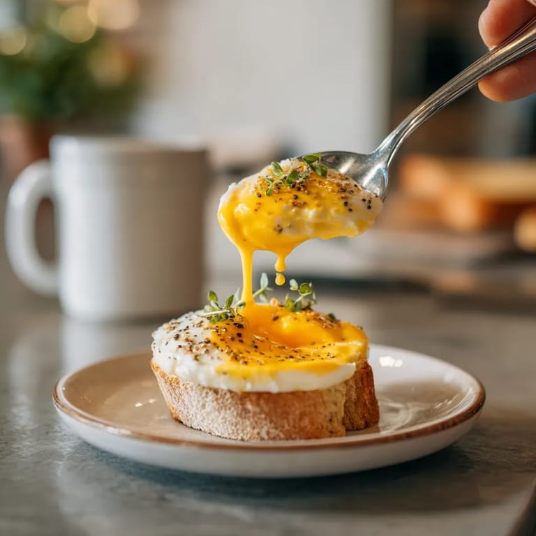 Une personne qui tire une fourchette vers un oeufs brouillés.