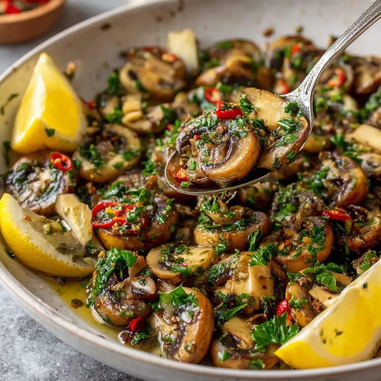 Une assiette de setas al Ajillo (Garlic Mushrooms) avec une cuillère en argent pour les prendre.