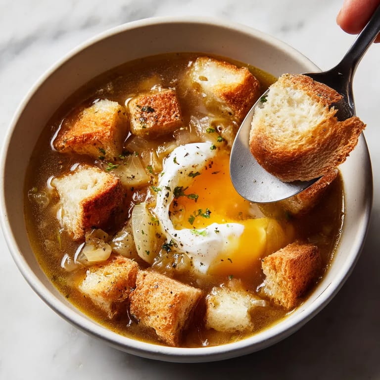Une personne tire une cuillère de son assiette contenant une soupe de garlic.