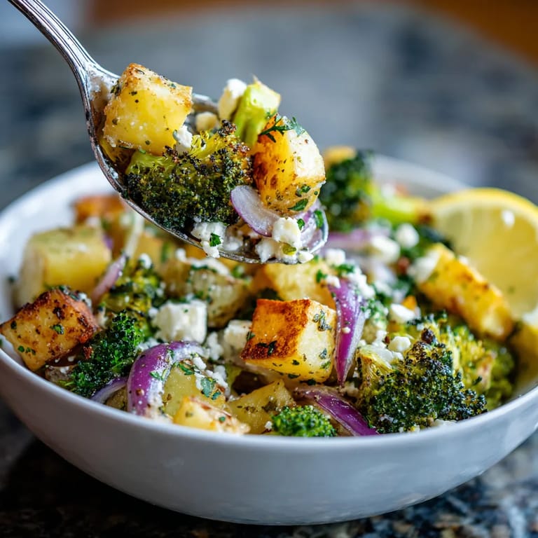 Une assiette de salade contenant des légumes tels que des brocolis, des pommes de terre et des légumes verts.