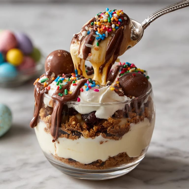 Une tasse de crème chantilly avec des croutons de biscuits et des crispy candy.