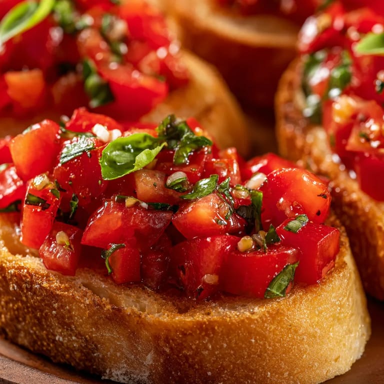 Une assiette de tranches de pain grillé avec une sauce tomate et des herbes.
